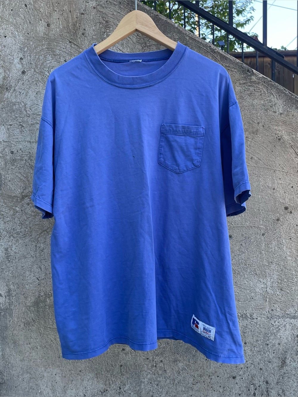 Vintage 90s Russell Athletic cobalt blue made in USA high cotton pocket tee XL
